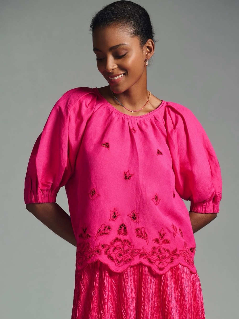 Anthropologie Hot Pink Embroidered Peasant Blouse